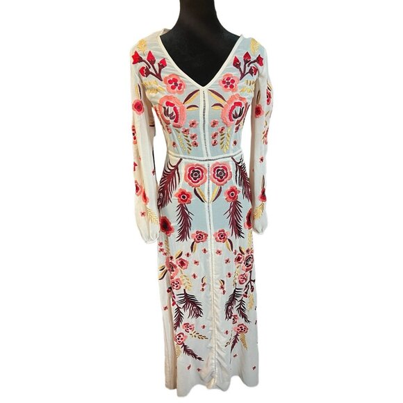 Miss Selfridge Long Sleeve Maxi Dress With Floral & Feather Embroidery BOHO - Picture 1 of 4